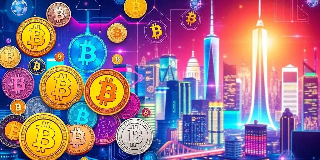 Colorful cryptocurrencies and futuristic cityscape in a vibrant collage.