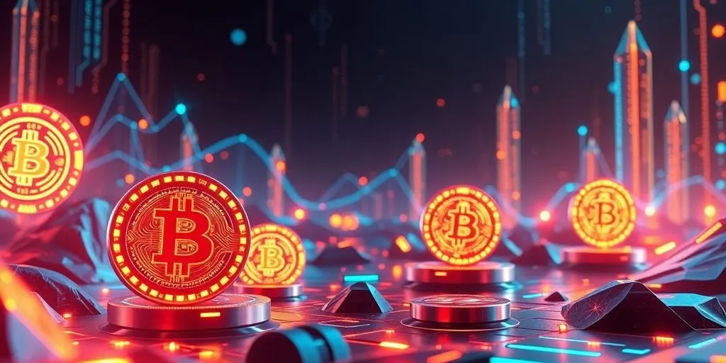 Futuristic coins and technology in a vibrant landscape.