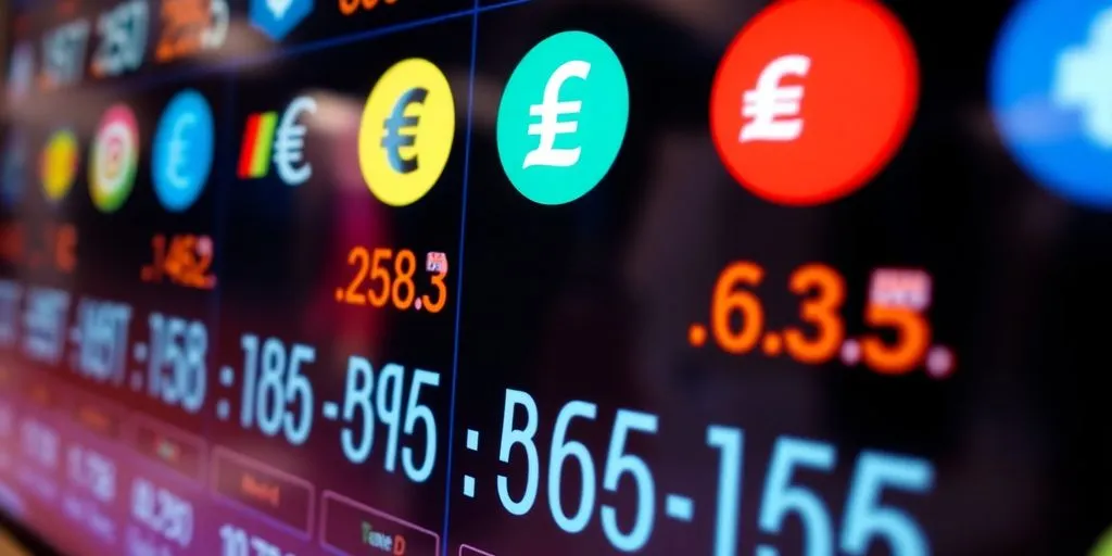 Modern digital interface with currency symbols and rates.